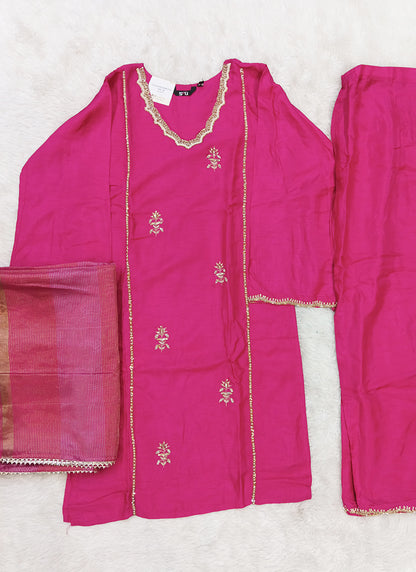 Readymade Rani Pink Embroidered Silk Straight Suit Set with Pearl Work & Dupatta 241940