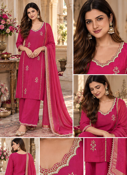Readymade Rani Pink Embroidered Silk Straight Suit Set with Pearl Work & Dupatta 241940