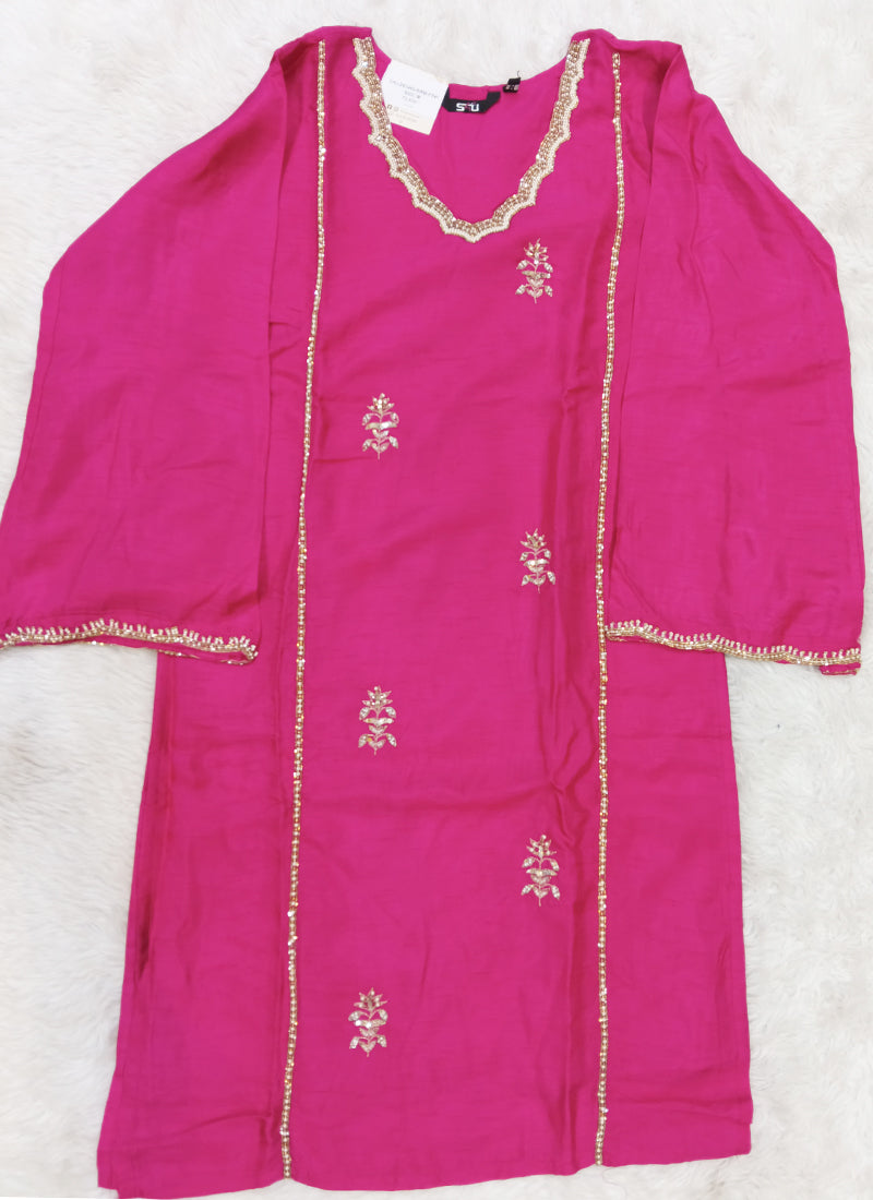 Readymade Rani Pink Embroidered Silk Straight Suit Set with Pearl Work & Dupatta 241940