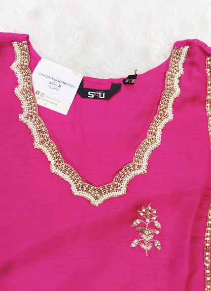 Readymade Rani Pink Embroidered Silk Straight Suit Set with Pearl Work & Dupatta 241940