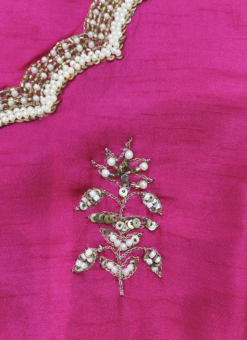 Readymade Rani Pink Embroidered Silk Straight Suit Set with Pearl Work & Dupatta 241940