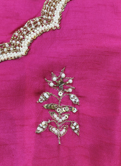 Readymade Rani Pink Embroidered Silk Straight Suit Set with Pearl Work & Dupatta 241940