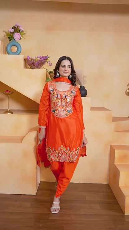 Chinnon Orange Wedding Wear Emroidery Work Readymade Dhoti Suit 384617