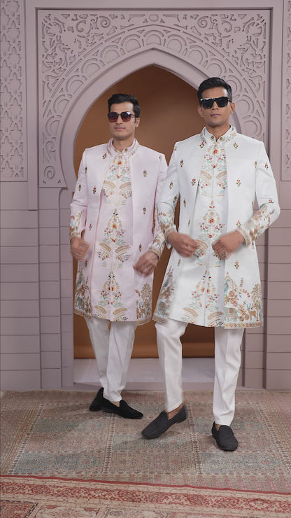 Art Silk White Wedding Wear Embroidery Work Readymade Indo Western Sherwani 386006