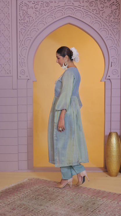 Organza Shimmer Firozi Party Wear Pattern Pc Work Readymade Kurti With Pant 386173