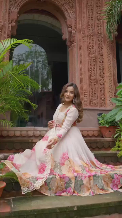 Faux Georgette Peach Festival Wear Hand Work Readymade Anarkali Suit 385328