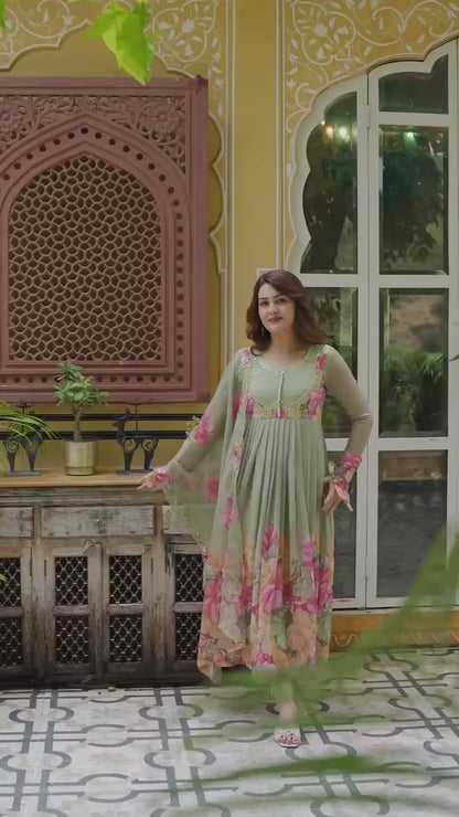 Faux Georgette Pista Festival Wear Hand Work Readymade Anarkali Suit 385329