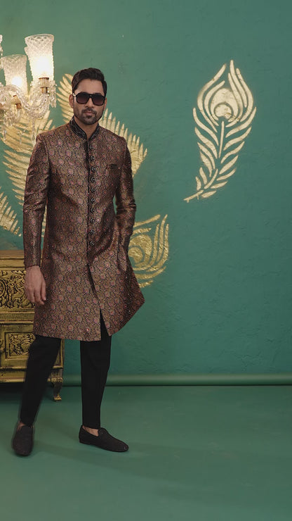 Banarasi Jacquard Black Wedding Wear Neck Work Readymade Groom Sherwani 385999