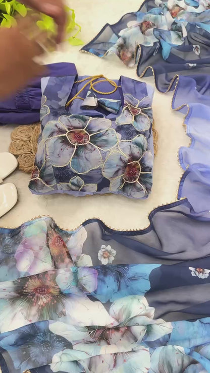 Organza Blue Festival Wear Digital Print Work Readymade Gown 384607