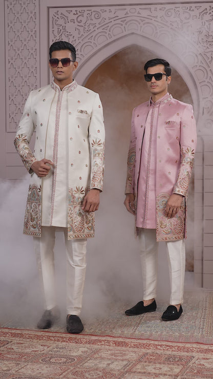 Art Silk Pink Wedding Wear Embroidery Work Readymade Indo Western Sherwani 386012