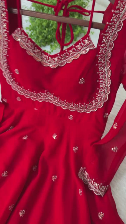 Faux Georgette Red Festival Wear Embroidery Work Readymade Anarkali Gown 384613