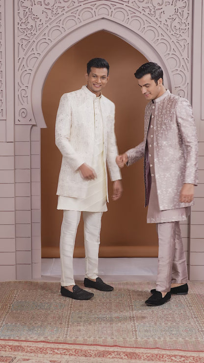 Art Silk Off White Wedding Wear Pattern Pc Work Readymade Indo Western Sherwani 386017