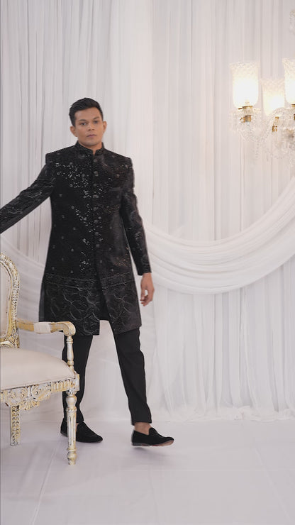 Art Silk Black Wedding Wear Computer Thread Work Readymade Indo Western Sherwani 386025