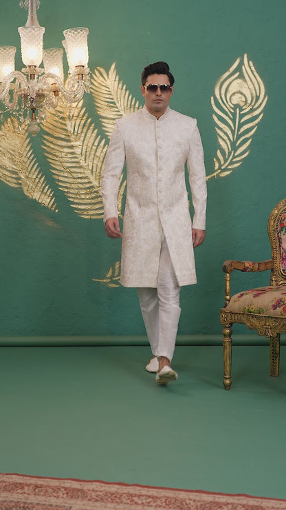 Art Silk White Wedding Wear Hand Embroidery Readymade Groom Sherwani 386000