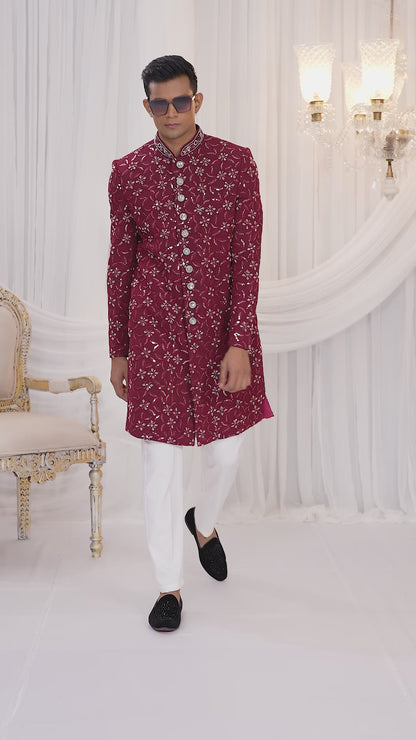 Art Silk Maroon Wedding Wear Computer Thread Work Readymade Indo Western Sherwani 386021