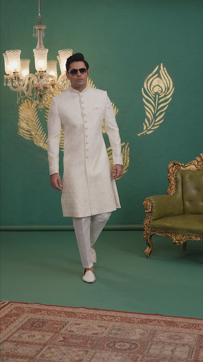 Art Silk White Wedding Wear Hand Embroidery Readymade Groom Sherwani 386001