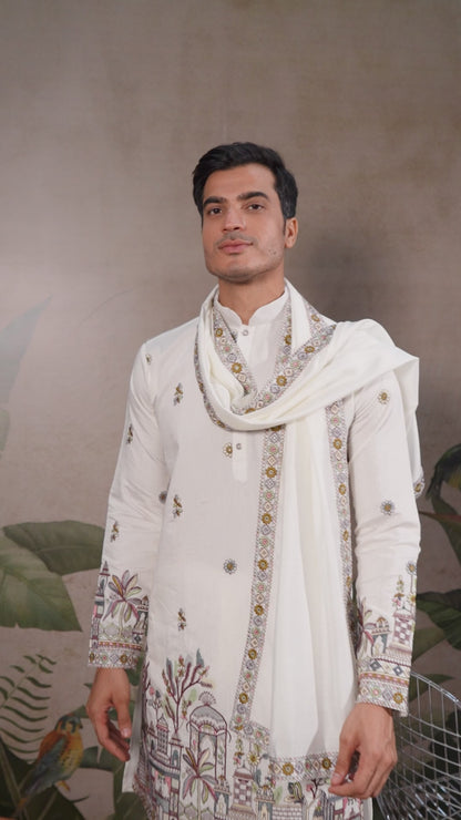 Viscose Silk Ivory White Party Wear Embroidery Work Readymade Kurta With Dupatta 377159