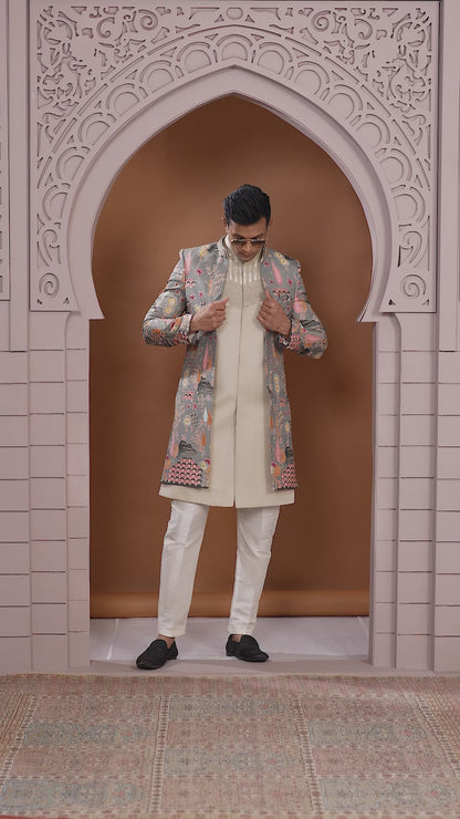 Art Silk Grey Wedding Wear Embroidery Work Readymade Indo Western Sherwani 386009