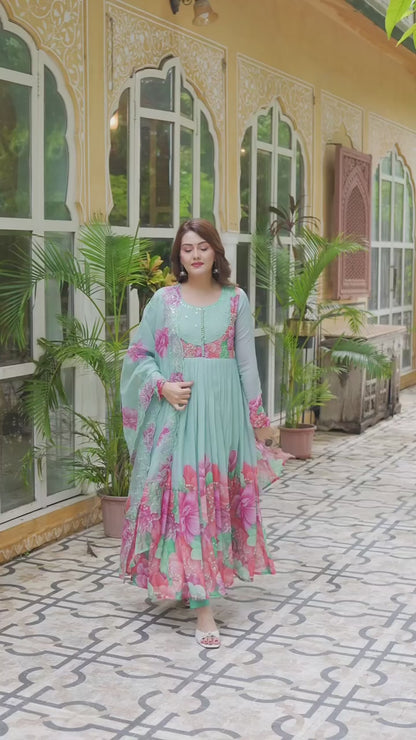 Faux Georgette Sky Blue Festival Wear Digital Print Work Readymade Anarkali Suit 384893