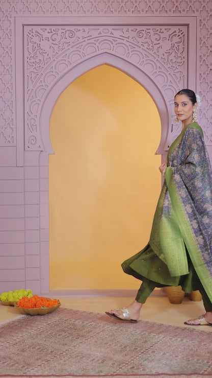 Chiffon Mehndi Festival Wear Pattern Pc Work Readymade Anarkali Suit 386183