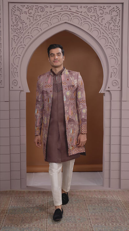 Art Silk Brown Wedding Wear Embroidery Work Readymade Indo Western Sherwani 386008