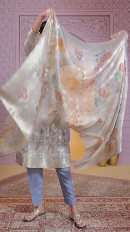 Organza Jacquard Grey Party Wear Pattern Pc Work Readymade Salwar Suit 386178