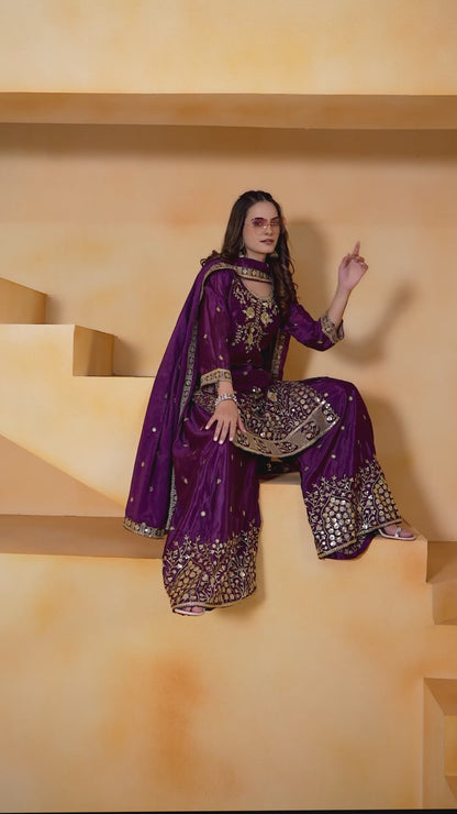 Chinon Violet Festival Wear Sequin Embroidery Work Readymade Plazzo Suit 386159