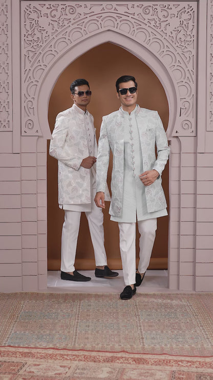 Art Silk Light Green Wedding Wear Embroidery Work Readymade Indo Western Sherwani 386016