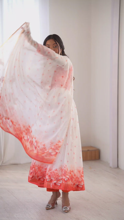 Organza White Festival Wear Digital Print Work Readymade Anarkali Gown 385970