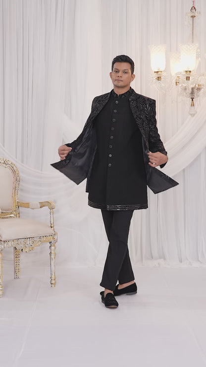 Velvet Silk Black Wedding Wear Computer Thread Work Readymade Indo Western Sherwani 386031