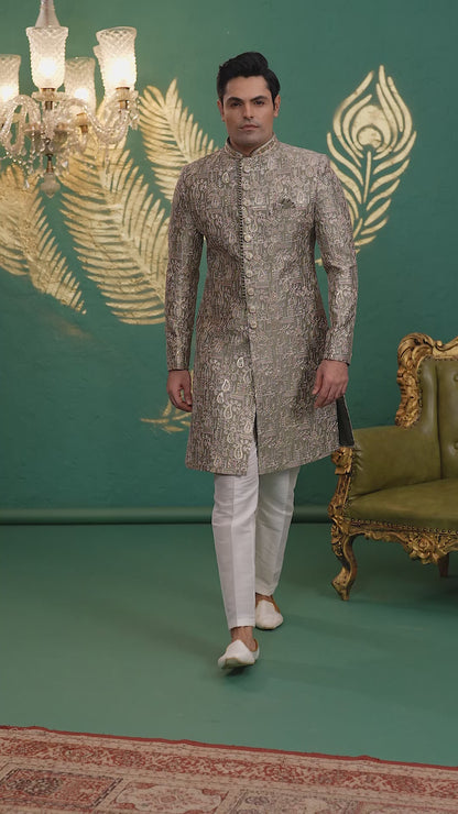 Art Silk Grey Wedding Wear Hand Embroidery Readymade Groom Sherwani 386005