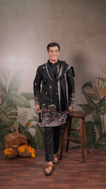 Viscose Silk Jet Black Party Wear Embroidery Work Readymade Kurta With Dupatta 377164