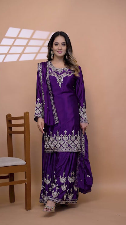 Chinon Violet Festival Wear Sequin Embroidery Work Readymade Plazzo Suit 386161