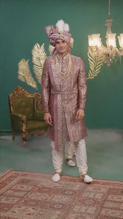 Banarasi Jacquard Maroon Wedding Wear Hand Embroidery Readymade Groom Sherwani 385997