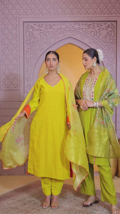 Chiffon Olive Yellow Festival Wear Pattern Pc Work Readymade Salwar Suit 386186