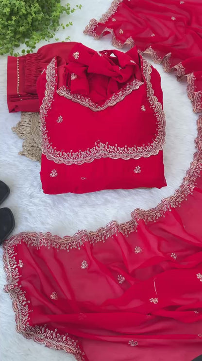 Faux Georgette Red Festival Wear Embroidery Work Readymade Anarkali Gown 384613