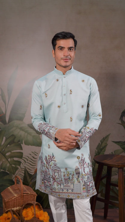 Viscose Silk Powder Blue Party Wear Embroidery Work Readymade Kurta With Dupatta 377161