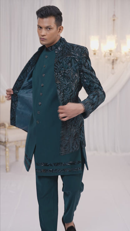 Velvet Silk Teal Green Wedding Wear Computer Thread Work Readymade Indo Western Sherwani 386032