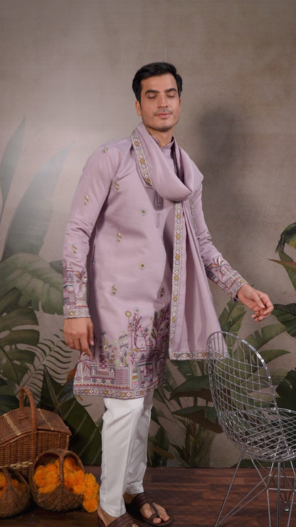 Viscose Silk Dusty Lilac Party Wear Embroidery Work Readymade Kurta With Dupatta 377163