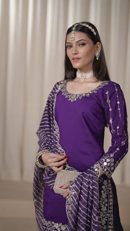 Roman Silk Purple Wedding Wear Zari Embroidery Work Patiala Suit 381205