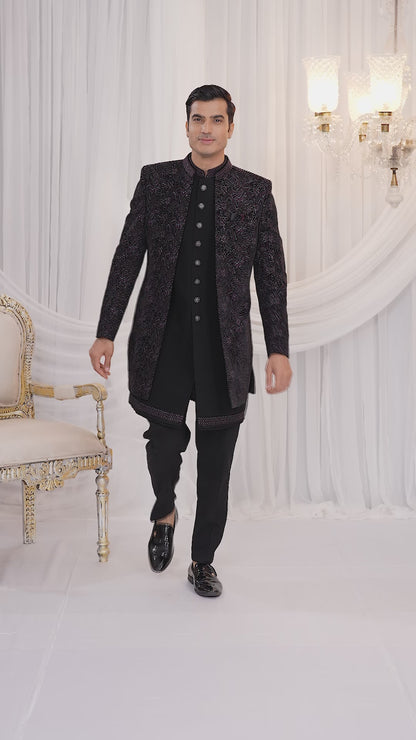 Velvet Silk Black Wedding Wear Computer Thread Work Readymade Indo Western Sherwani 386034