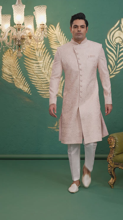 Art Silk Light Pink Wedding Wear Hand Embroidery Readymade Groom Sherwani 386002