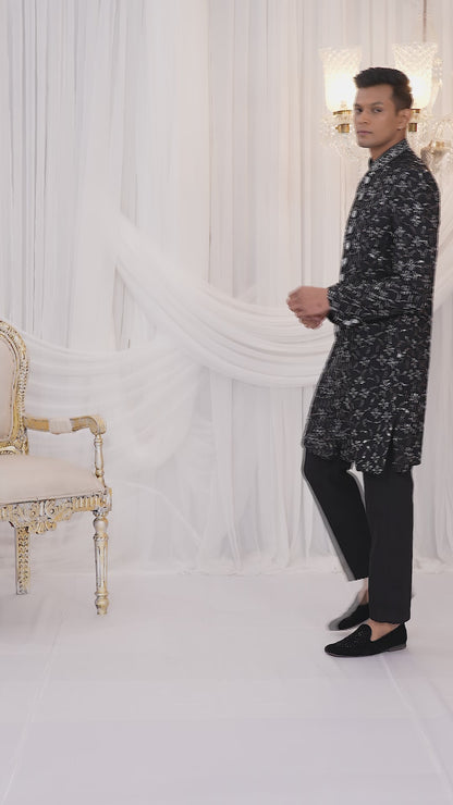 Art Silk Black Wedding Wear Computer Thread Work Readymade Indo Western Sherwani 386022