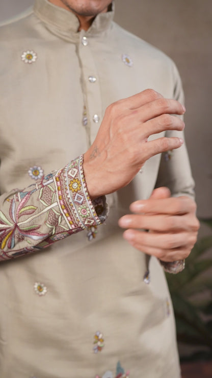 Viscose Silk Taupe Beige Party Wear Embroidery Work Readymade Kurta With Dupatta 377160