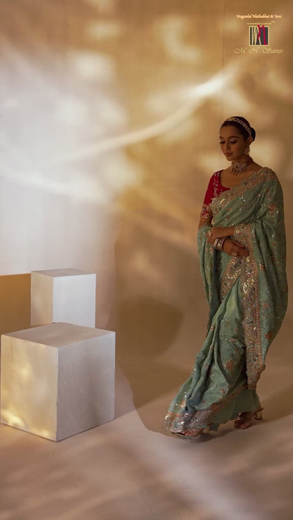 Silk Powder Blue Wedding Wear Embroidery Work Saree 385534