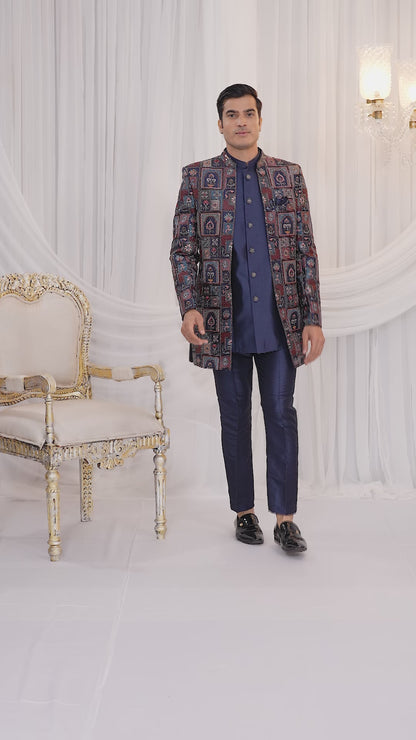 Velvet Silk Navy Blue Wedding Wear Computer Thread Work Readymade Indo Western Sherwani 386033