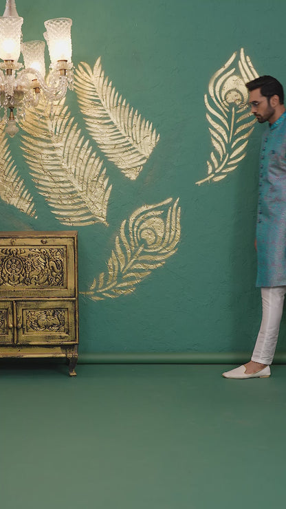 Banarasi Jacquard Blue Wedding Wear Neck Work Readymade Groom Sherwani 385998