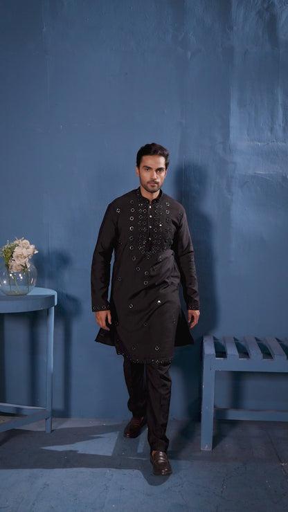 Viscose Silk Black Festive Wear Mirror Work Readymade Kurta Pajama 385853