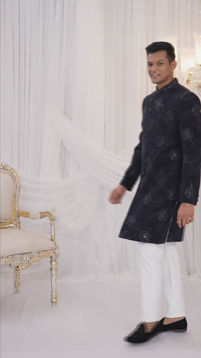 Art Silk Navy Blue Wedding Wear Computer Thread Work Readymade Indo Western Sherwani 386023