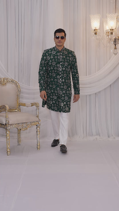 Art Silk Green Wedding Wear Computer Thread Work Readymade Indo Western Sherwani 386019